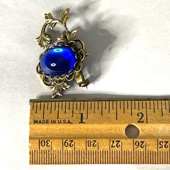 Vintage Gold-Tone Brooch with Blue Glass Cabochon & Ornate Leaf Design Women’s - Picture 5 of 6
